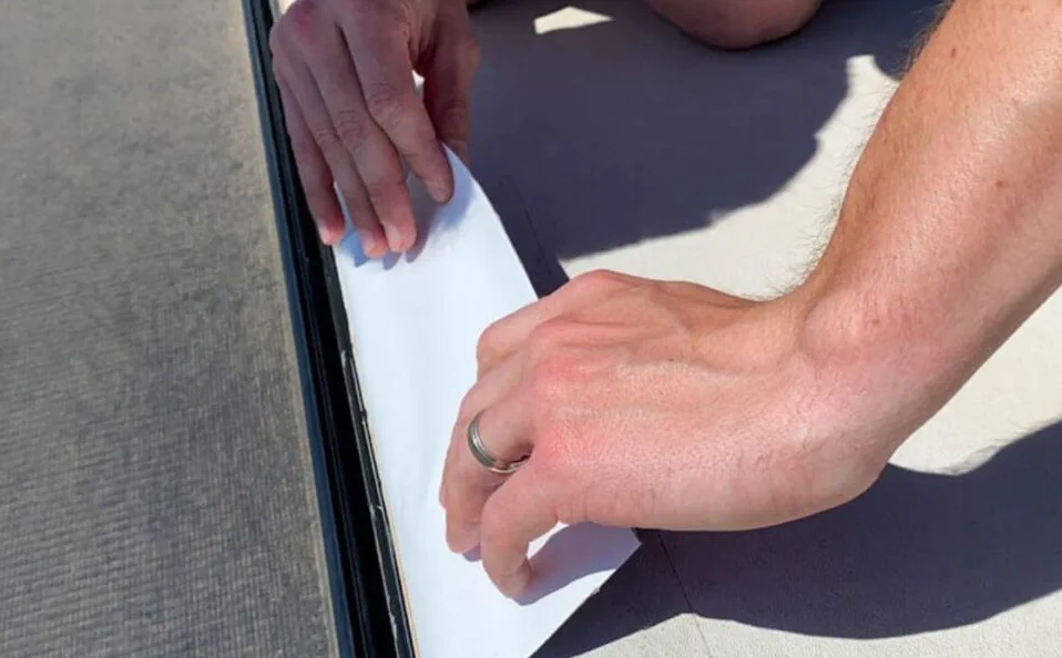 Tramex moisture meter mapping a soft floor on a Class A motorhome