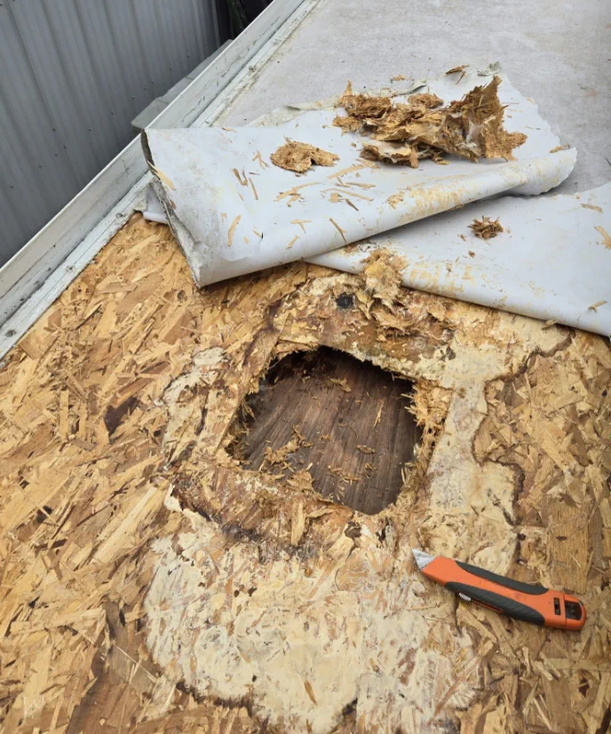 Treasure Coast post-storm roof repair on a Class A motorhome at a Hutchinson Island resort